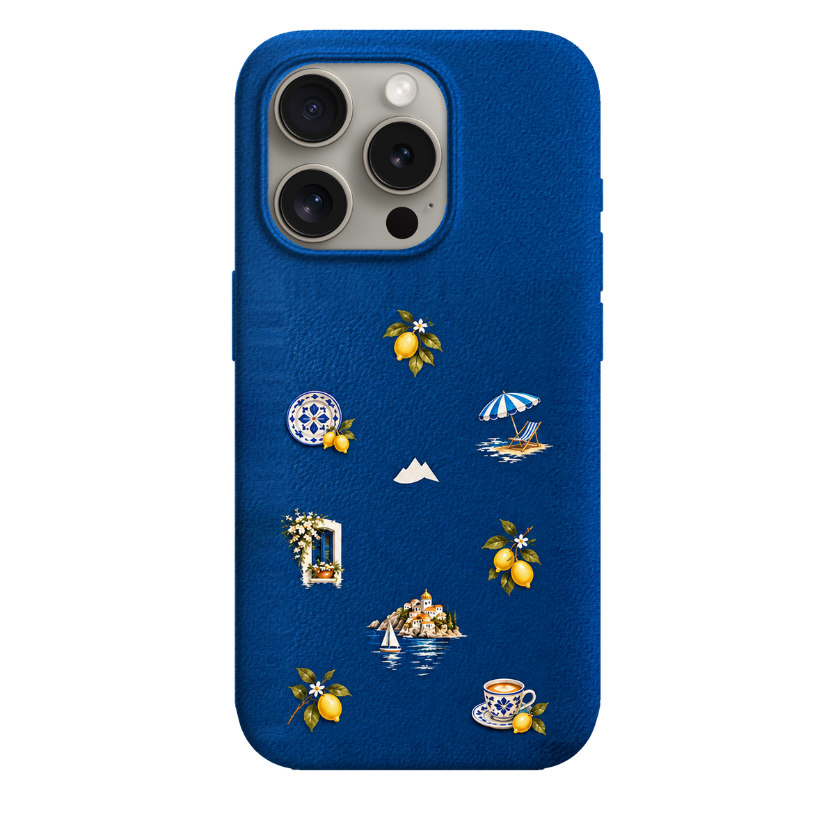 MONTIÉS Atelier Case — Amalfi Blue — iPhone 15 Pro. Exacte Apple-model/kleuridentiteit nog niet sluitend bevestigd. Conceptvisualisatie; fysieke MONTIÉS-hoesgeometrie nog niet bevestigd.