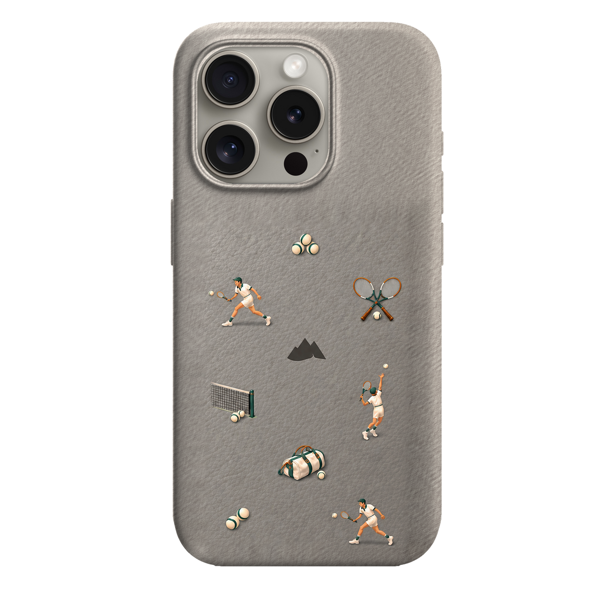 MONTIÉS Atelier Case — Court Club Silver — iPhone 15 Pro. Exacte Apple-model/kleuridentiteit nog niet sluitend bevestigd. Conceptvisualisatie; fysieke MONTIÉS-hoesgeometrie nog niet bevestigd.