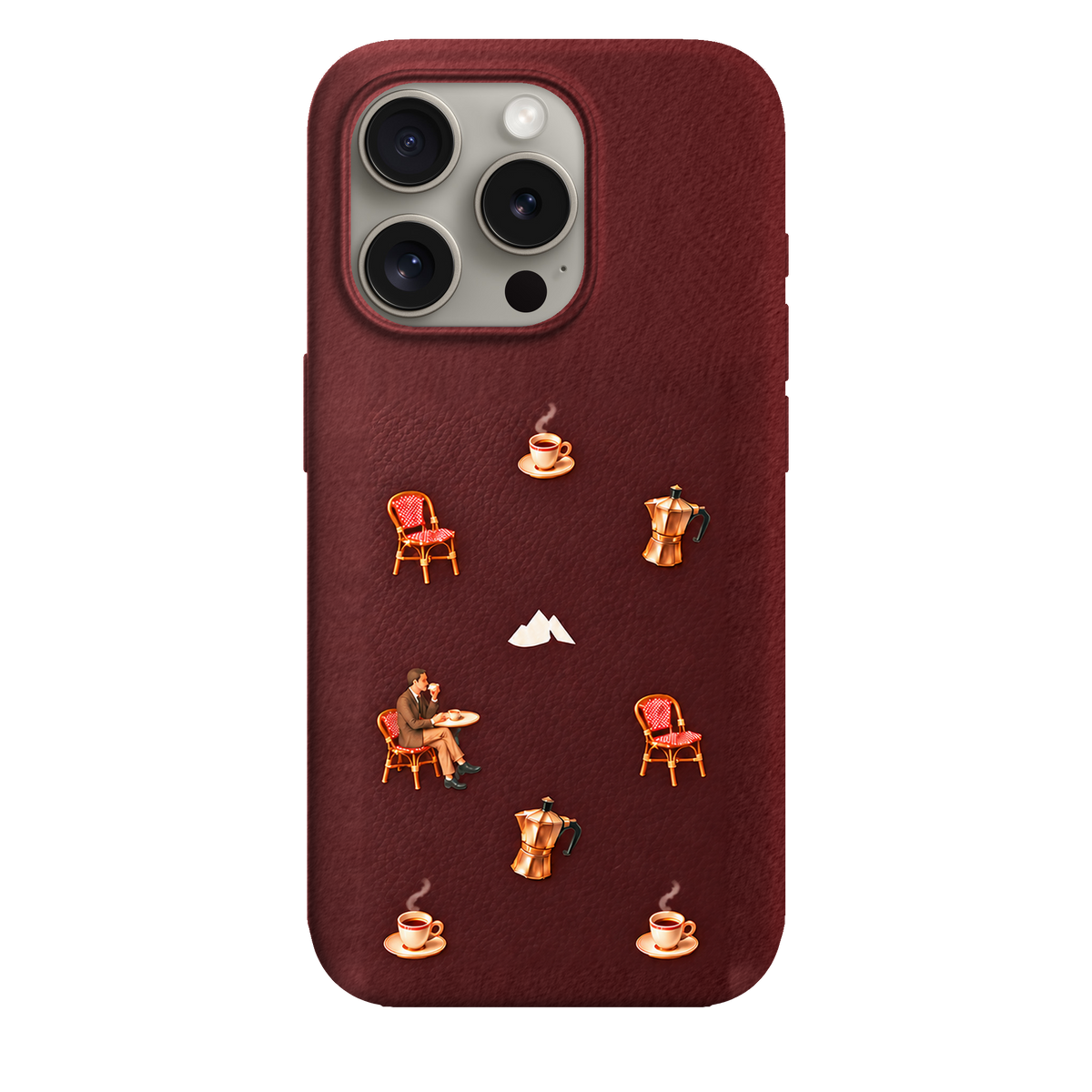 MONTIÉS Atelier Case — Grand Café Burgundy — iPhone 15 Pro. Exacte Apple-model/kleuridentiteit nog niet sluitend bevestigd. Conceptvisualisatie; fysieke MONTIÉS-hoesgeometrie nog niet bevestigd.