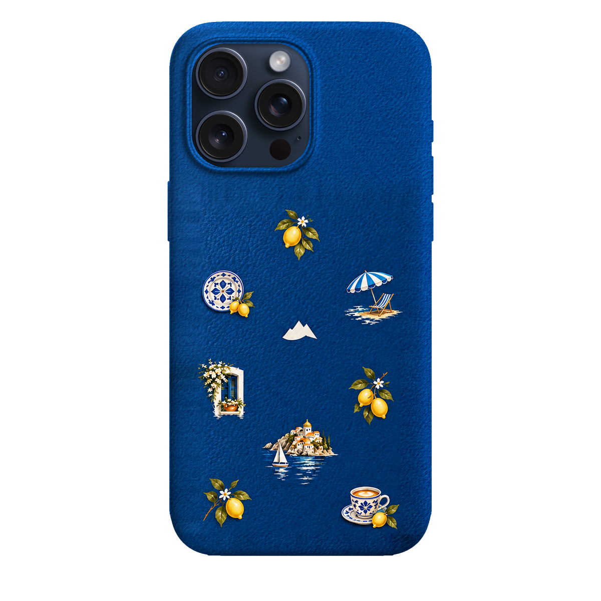MONTIÉS Atelier Case — Amalfi Blue — iPhone 15 Pro Max, Apple Blue Titanium. Conceptvisualisatie; fysieke MONTIÉS-hoesgeometrie nog niet bevestigd.