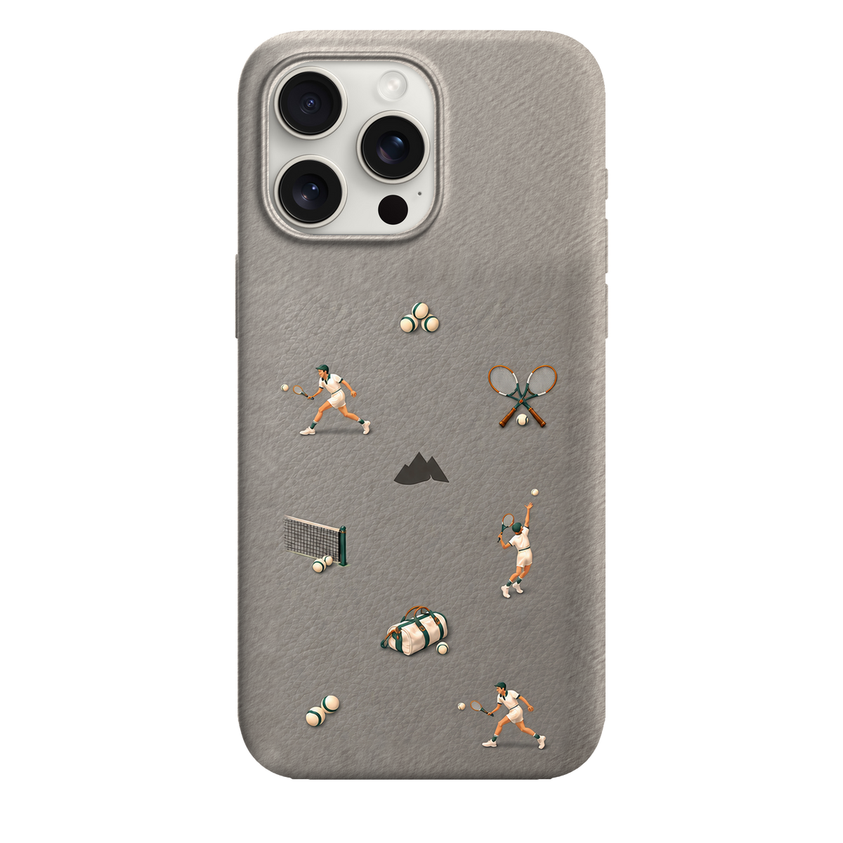 MONTIÉS Atelier Case — Court Club Silver — iPhone 15 Pro Max, Apple White Titanium. Conceptvisualisatie; fysieke MONTIÉS-hoesgeometrie nog niet bevestigd.