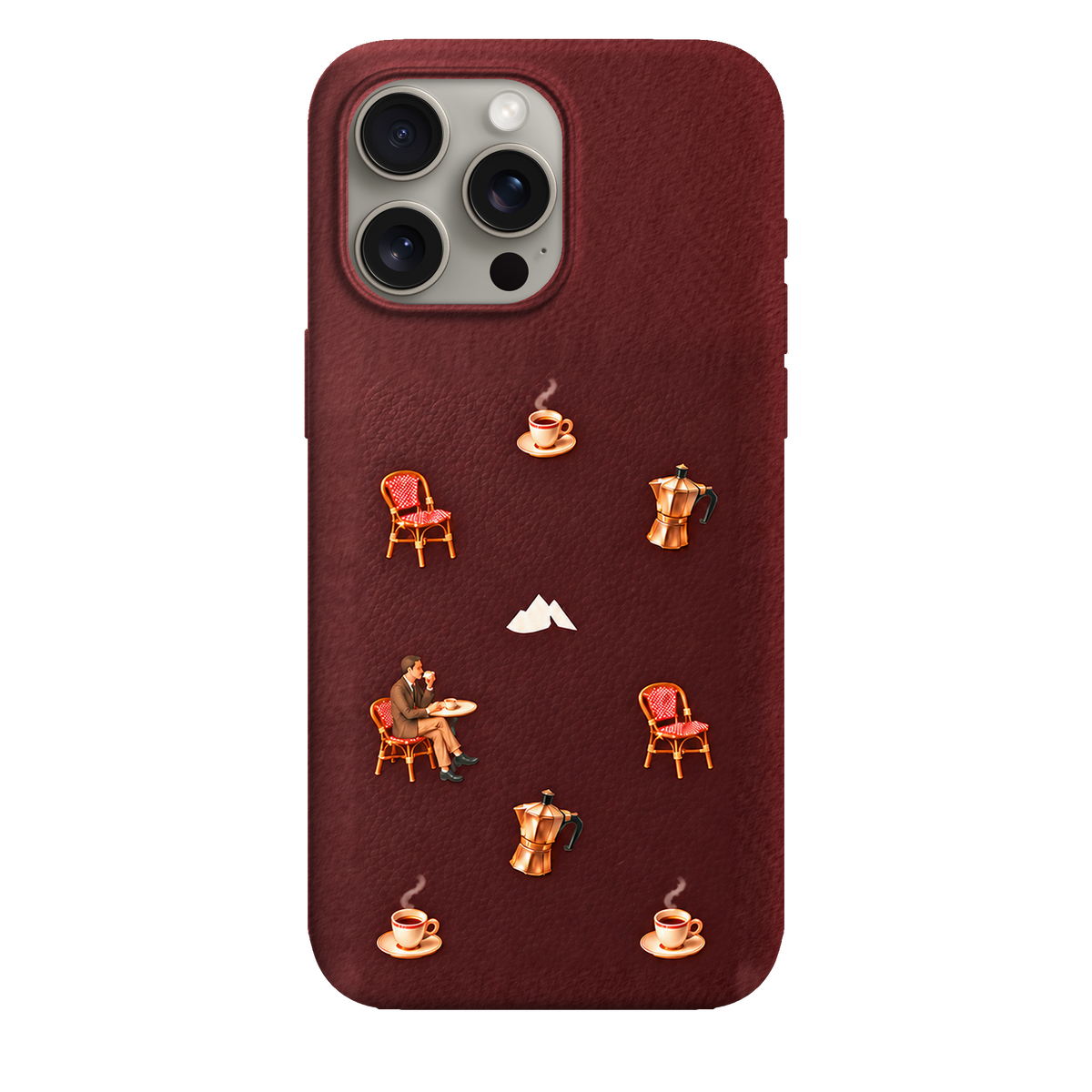 MONTIÉS Atelier Case — Grand Café Burgundy — iPhone 15 Pro Max, Apple Natural Titanium. Conceptvisualisatie; fysieke MONTIÉS-hoesgeometrie nog niet bevestigd.