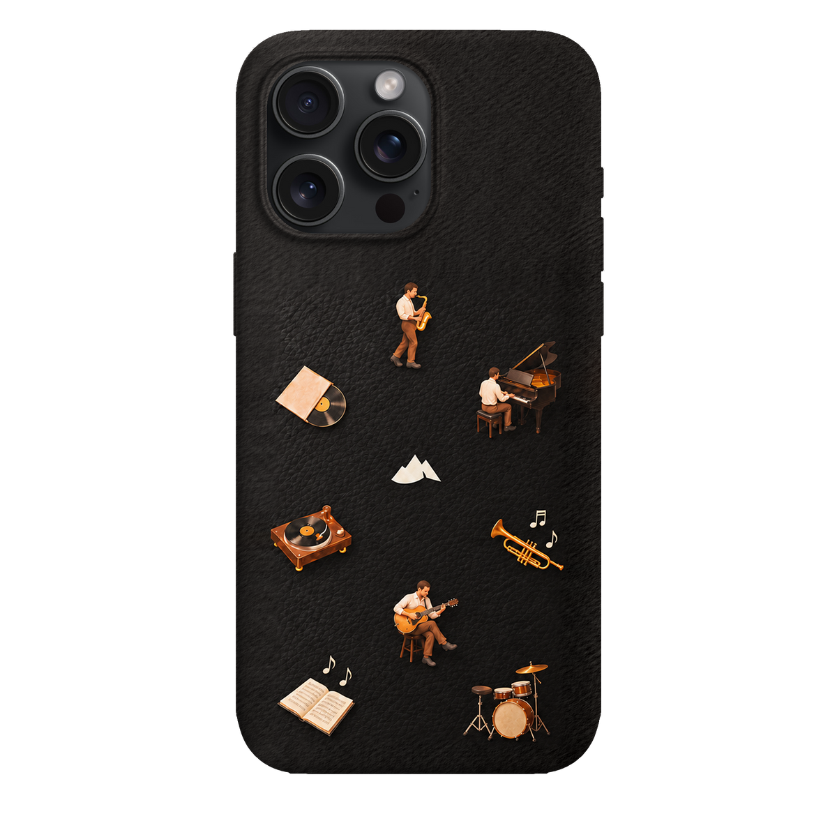 MONTIÉS Atelier Case — Listening Room Charcoal — iPhone 15 Pro Max, Apple Black Titanium. Conceptvisualisatie; fysieke MONTIÉS-hoesgeometrie nog niet bevestigd.