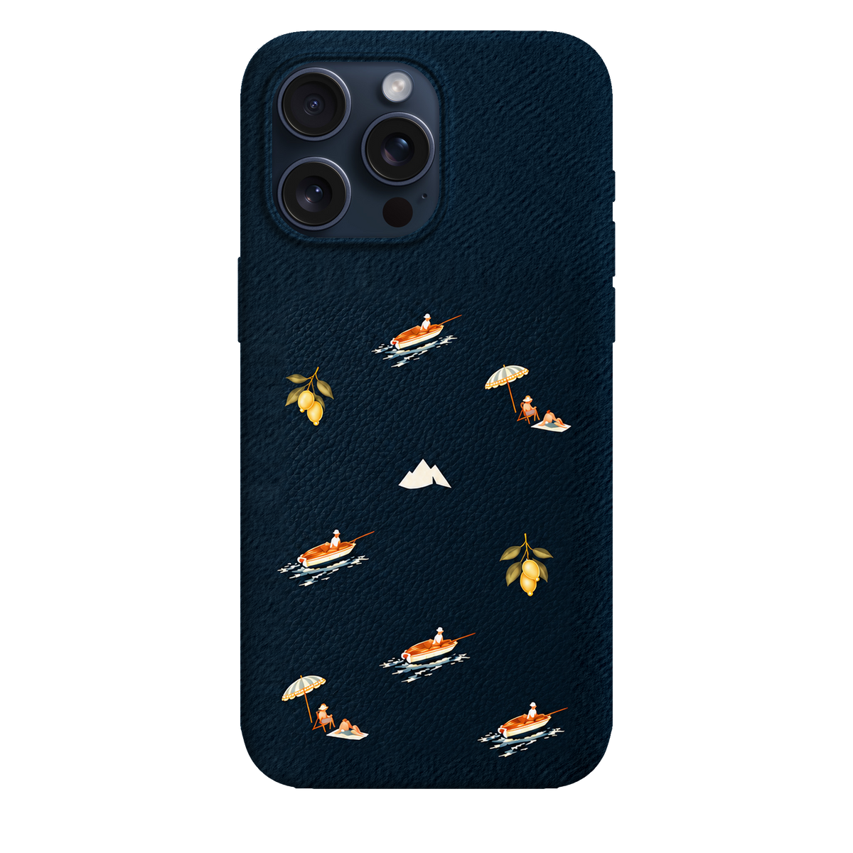 MONTIÉS Atelier Case — Riviera Deep Blue — iPhone 15 Pro Max, Apple Blue Titanium. Conceptvisualisatie; fysieke MONTIÉS-hoesgeometrie nog niet bevestigd.