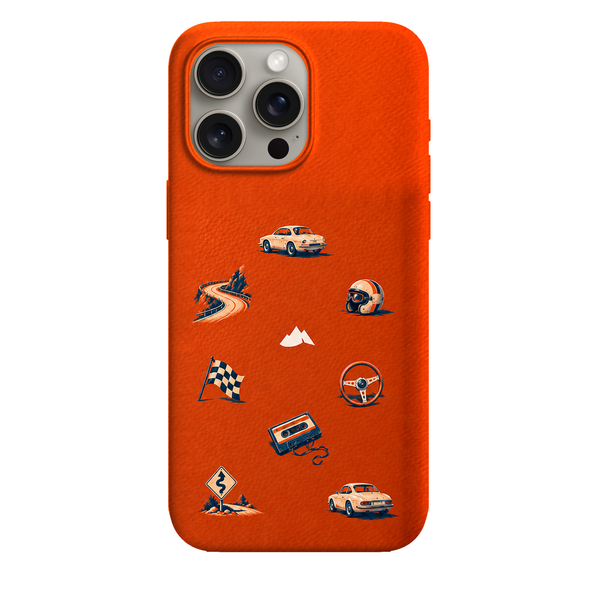 MONTIÉS Atelier Case — Sunday Drive Cosmic Orange — iPhone 15 Pro Max, Apple Natural Titanium. Conceptvisualisatie; fysieke MONTIÉS-hoesgeometrie nog niet bevestigd.