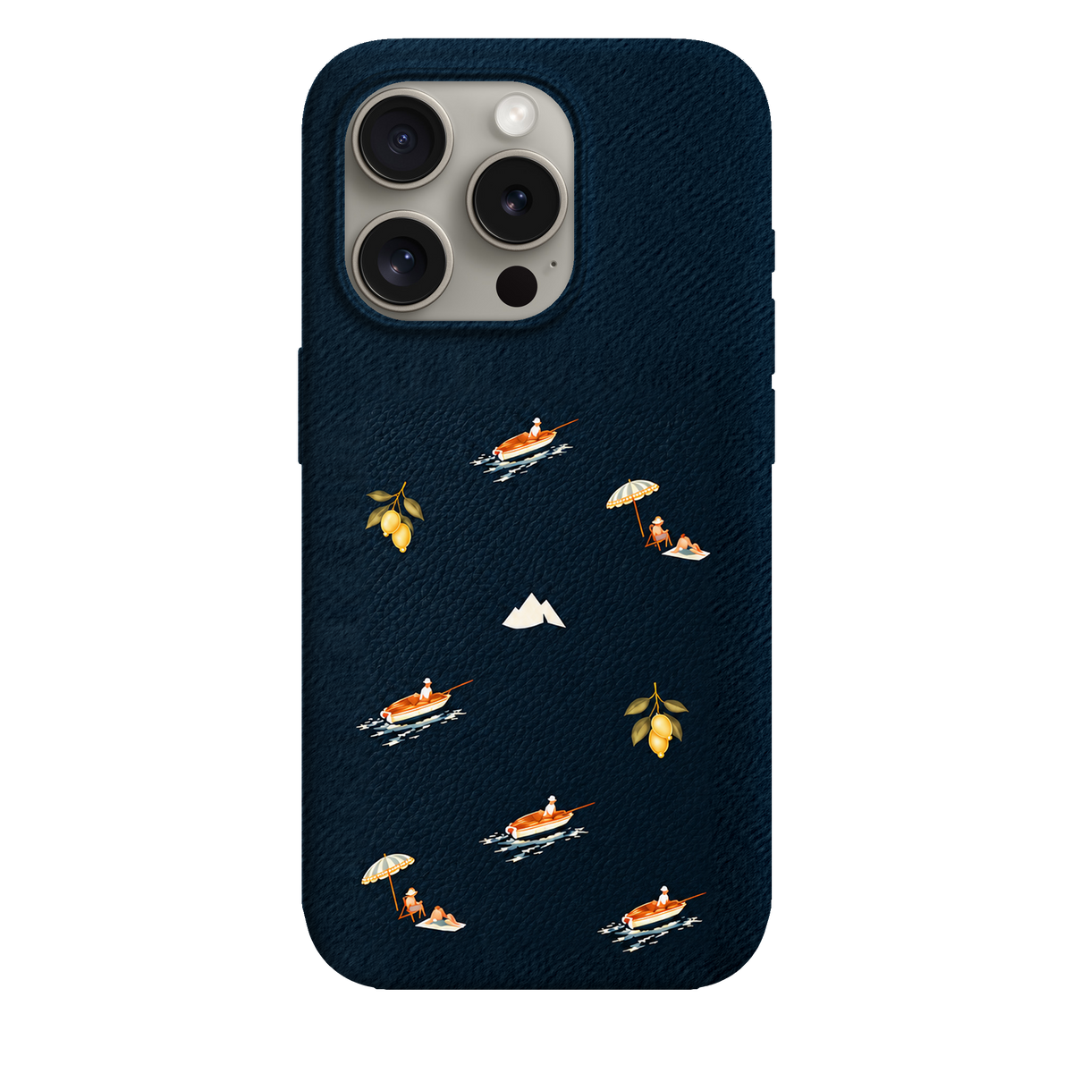 MONTIÉS Atelier Case — Riviera Deep Blue — iPhone 15 Pro. Exacte Apple-model/kleuridentiteit nog niet sluitend bevestigd. Conceptvisualisatie; fysieke MONTIÉS-hoesgeometrie nog niet bevestigd.