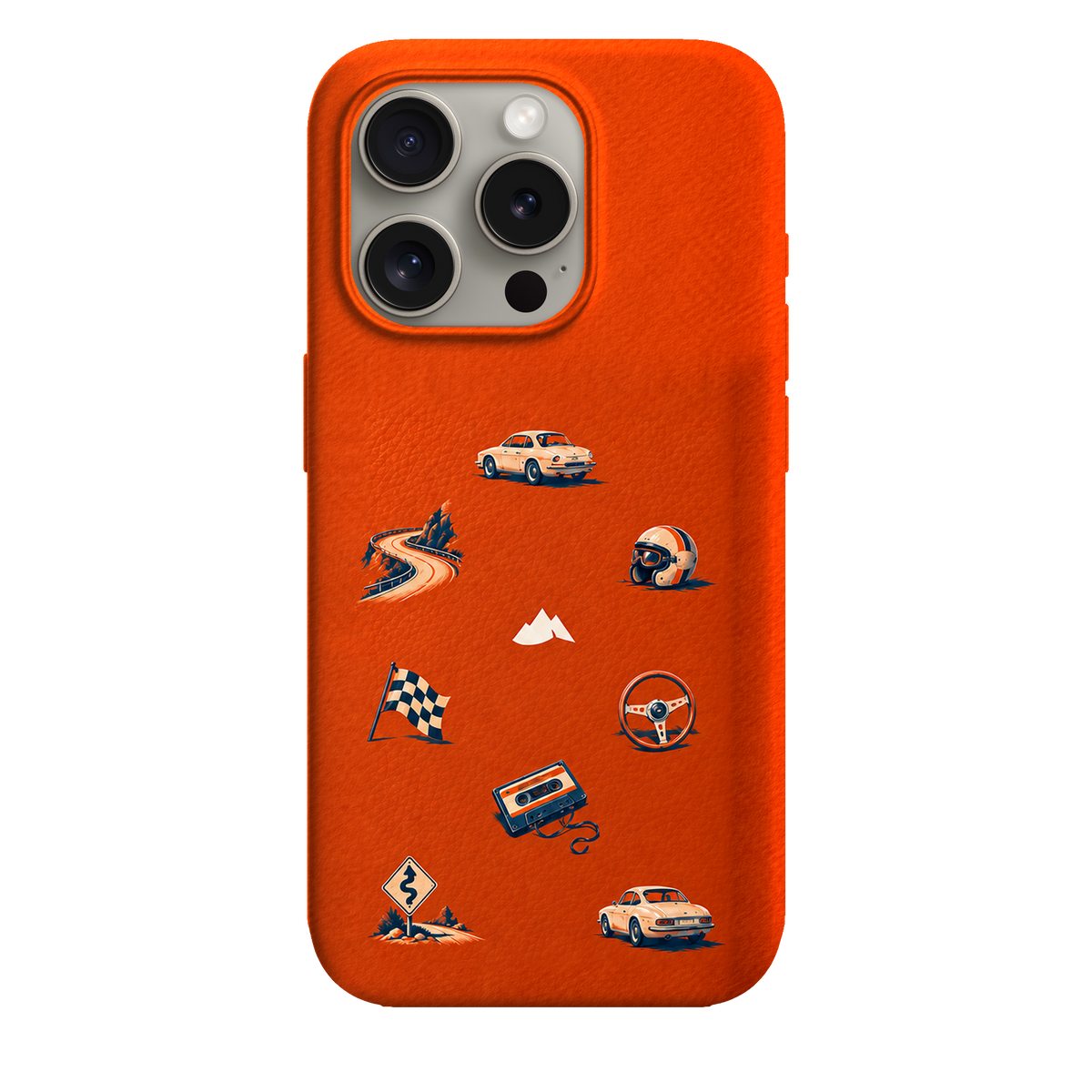 MONTIÉS Atelier Case — Sunday Drive Cosmic Orange — iPhone 15 Pro. Exacte Apple-model/kleuridentiteit nog niet sluitend bevestigd. Conceptvisualisatie; fysieke MONTIÉS-hoesgeometrie nog niet bevestigd.
