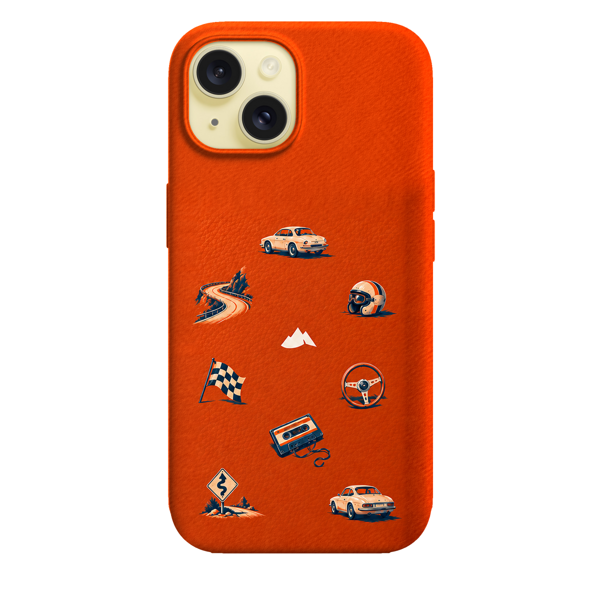 MONTIÉS Atelier Case — Sunday Drive Cosmic Orange — iPhone 15, Apple Yellow. Conceptvisualisatie; fysieke MONTIÉS-hoesgeometrie nog niet bevestigd.