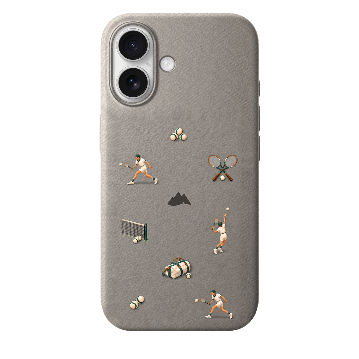 MONTIÉS Atelier Case — Court Club Silver — iPhone 16, Apple White. Conceptvisualisatie; fysieke MONTIÉS-hoesgeometrie nog niet bevestigd.