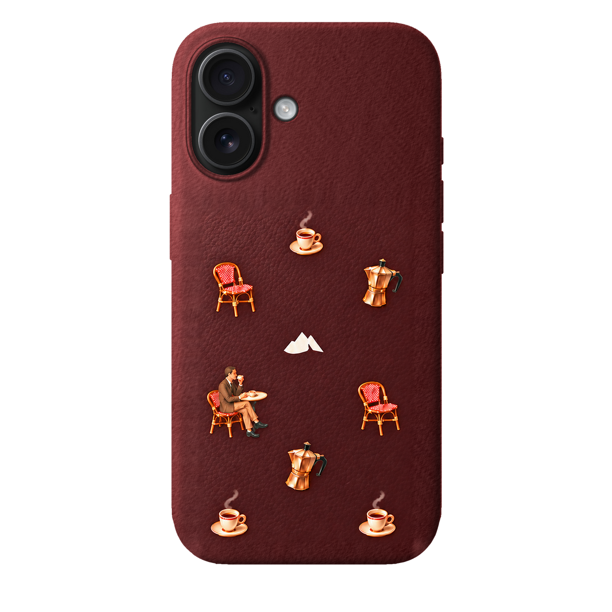 MONTIÉS Atelier Case — Grand Café Burgundy — iPhone 16, Apple Black. Conceptvisualisatie; fysieke MONTIÉS-hoesgeometrie nog niet bevestigd.