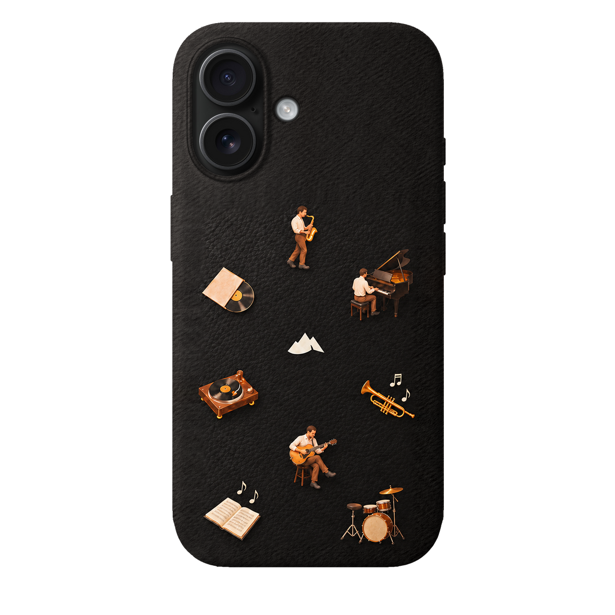 MONTIÉS Atelier Case — Listening Room Charcoal — iPhone 16, Apple Black. Conceptvisualisatie; fysieke MONTIÉS-hoesgeometrie nog niet bevestigd.