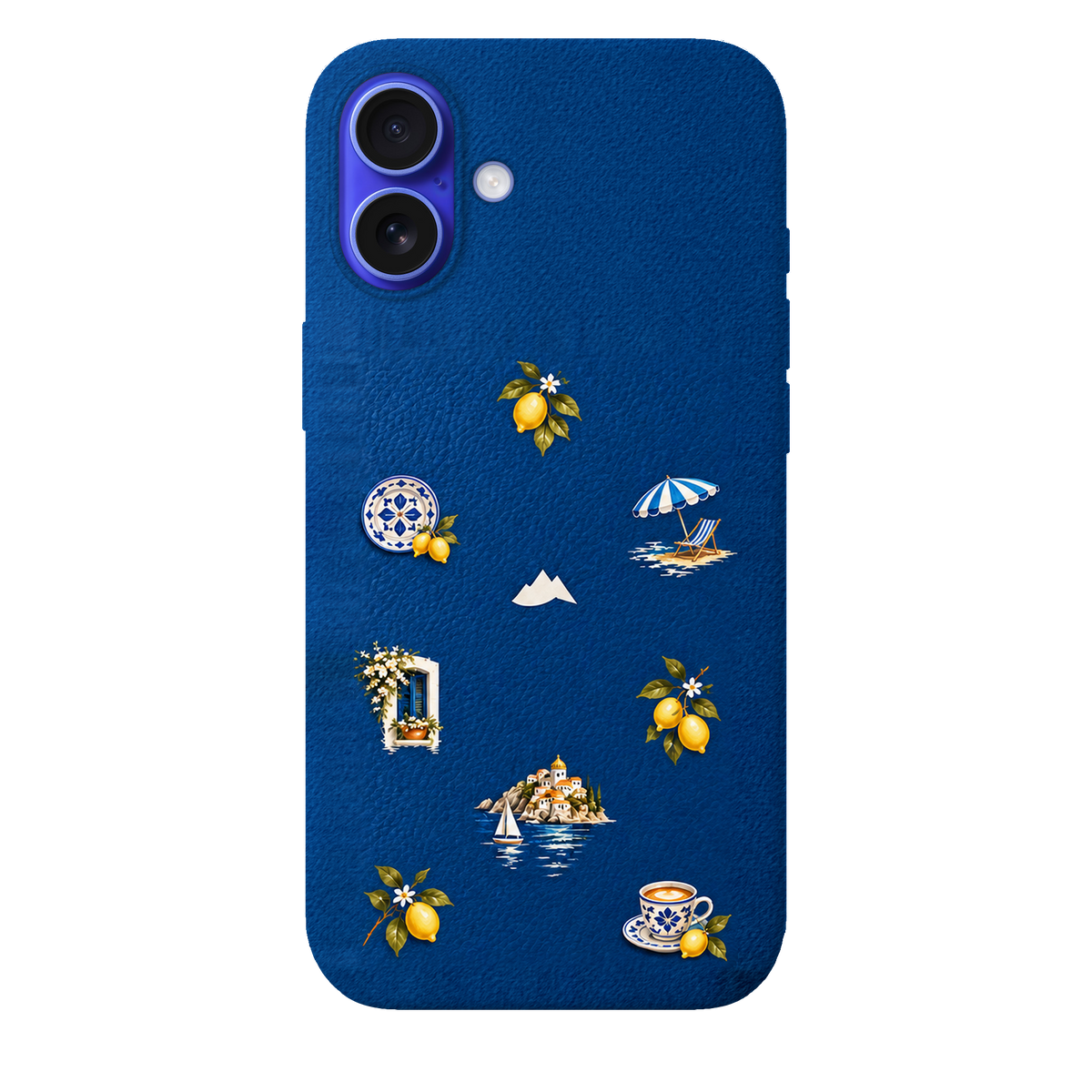 MONTIÉS Atelier Case — Amalfi Blue — iPhone 16 Plus, Apple Ultramarine. Conceptvisualisatie; fysieke MONTIÉS-hoesgeometrie nog niet bevestigd.