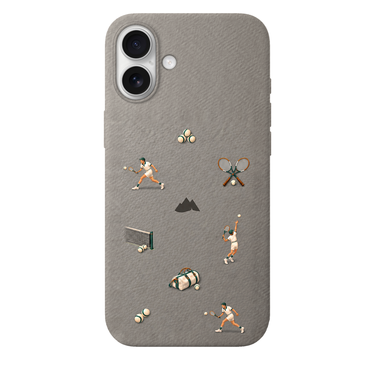 MONTIÉS Atelier Case — Court Club Silver — iPhone 16 Plus, Apple White. Conceptvisualisatie; fysieke MONTIÉS-hoesgeometrie nog niet bevestigd.