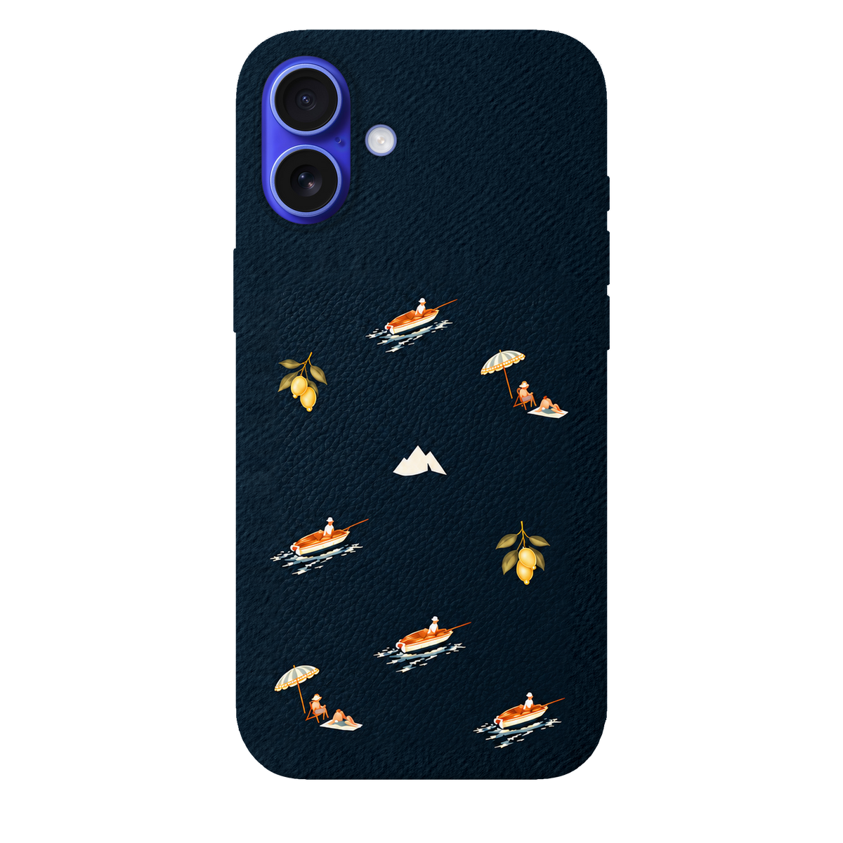 MONTIÉS Atelier Case — Riviera Deep Blue — iPhone 16 Plus, Apple Ultramarine. Conceptvisualisatie; fysieke MONTIÉS-hoesgeometrie nog niet bevestigd.