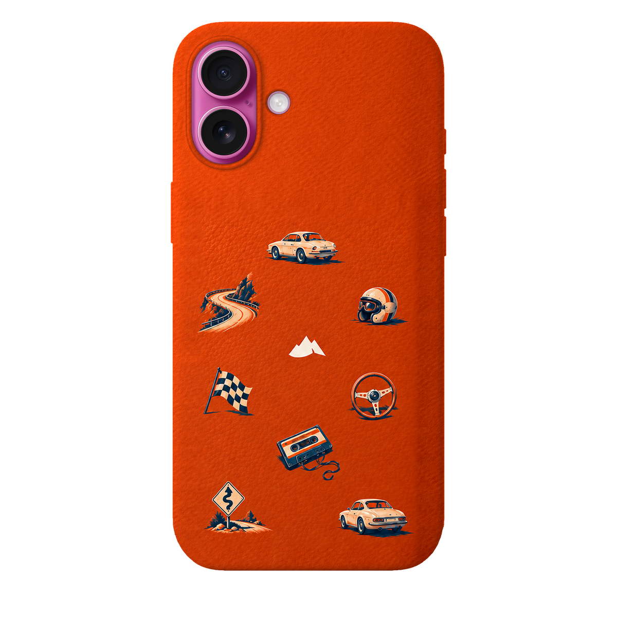 MONTIÉS Atelier Case — Sunday Drive Cosmic Orange — iPhone 16 Plus, Apple Pink. Conceptvisualisatie; fysieke MONTIÉS-hoesgeometrie nog niet bevestigd.