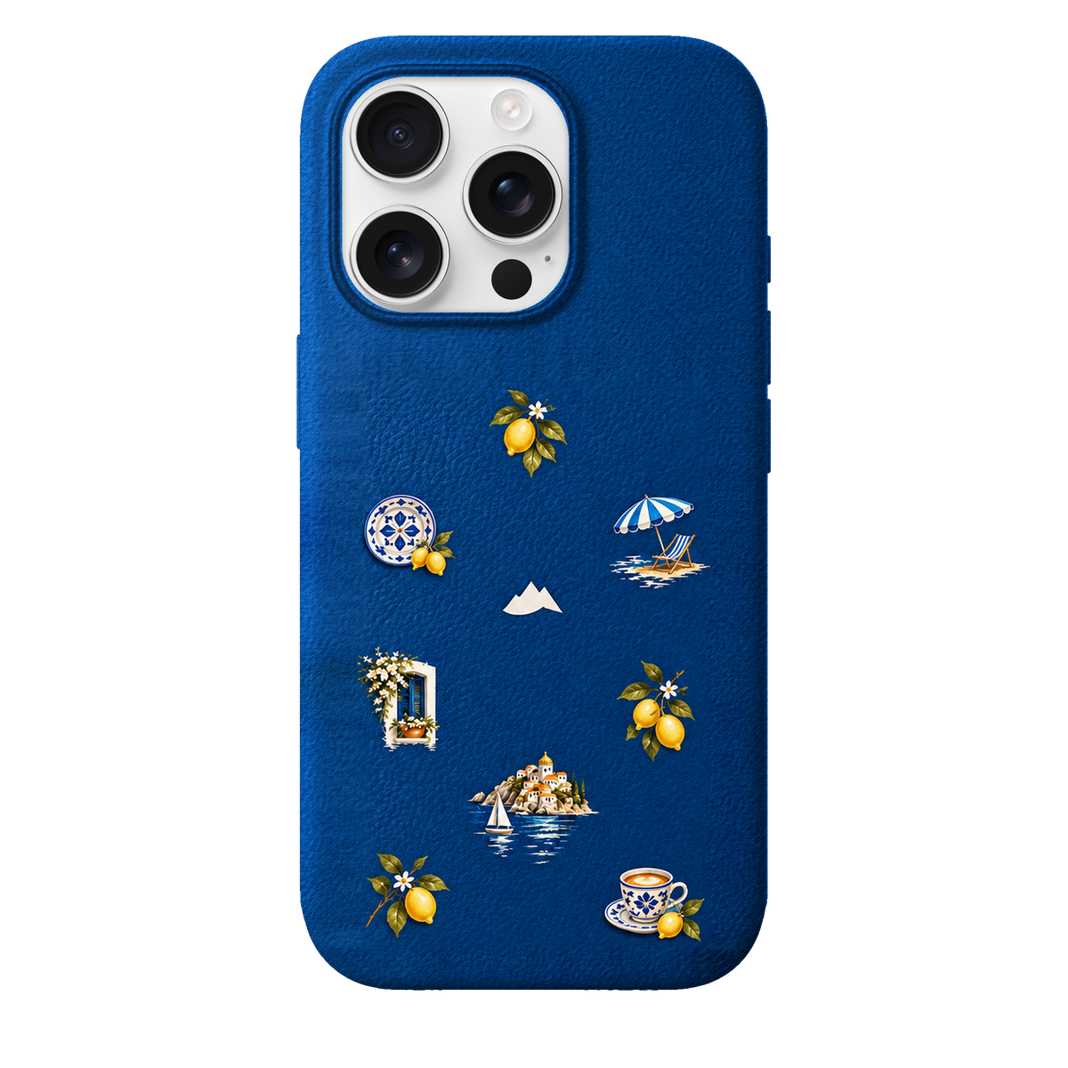 MONTIÉS Atelier Case — Amalfi Blue — iPhone 16 Pro, Apple White Titanium. Conceptvisualisatie; fysieke MONTIÉS-hoesgeometrie nog niet bevestigd.
