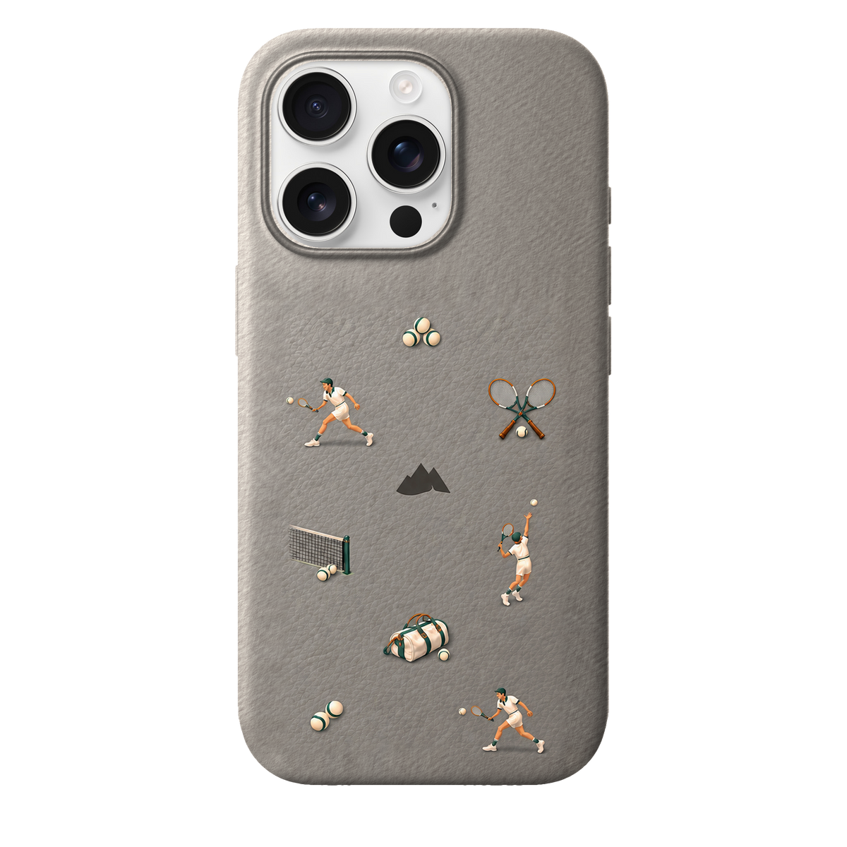 MONTIÉS Atelier Case — Court Club Silver — iPhone 16 Pro, Apple White Titanium. Conceptvisualisatie; fysieke MONTIÉS-hoesgeometrie nog niet bevestigd.