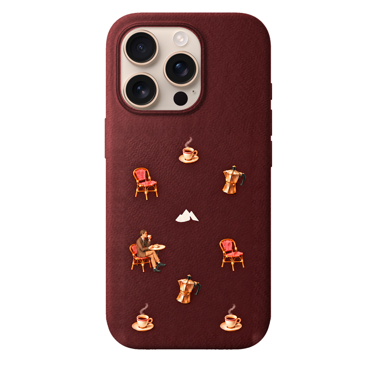 MONTIÉS Atelier Case — Grand Café Burgundy — iPhone 16 Pro, Apple Desert Titanium. Conceptvisualisatie; fysieke MONTIÉS-hoesgeometrie nog niet bevestigd.