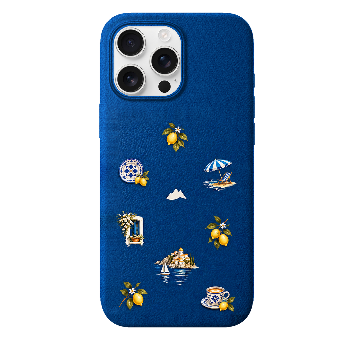 MONTIÉS Atelier Case — Amalfi Blue — iPhone 16 Pro Max, Apple White Titanium. Conceptvisualisatie; fysieke MONTIÉS-hoesgeometrie nog niet bevestigd.