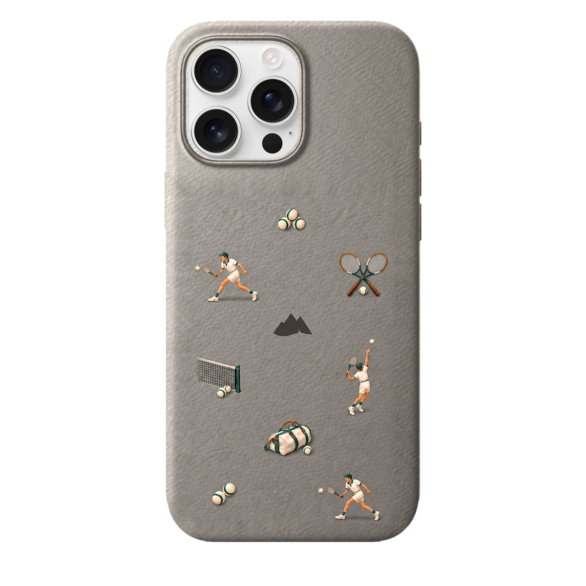 MONTIÉS Atelier Case — Court Club Silver — iPhone 16 Pro Max, Apple White Titanium. Conceptvisualisatie; fysieke MONTIÉS-hoesgeometrie nog niet bevestigd.