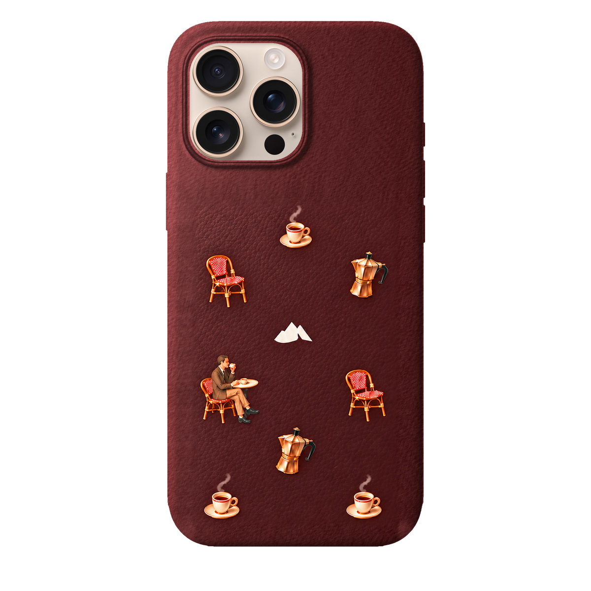 MONTIÉS Atelier Case — Grand Café Burgundy — iPhone 16 Pro Max, Apple Desert Titanium. Conceptvisualisatie; fysieke MONTIÉS-hoesgeometrie nog niet bevestigd.