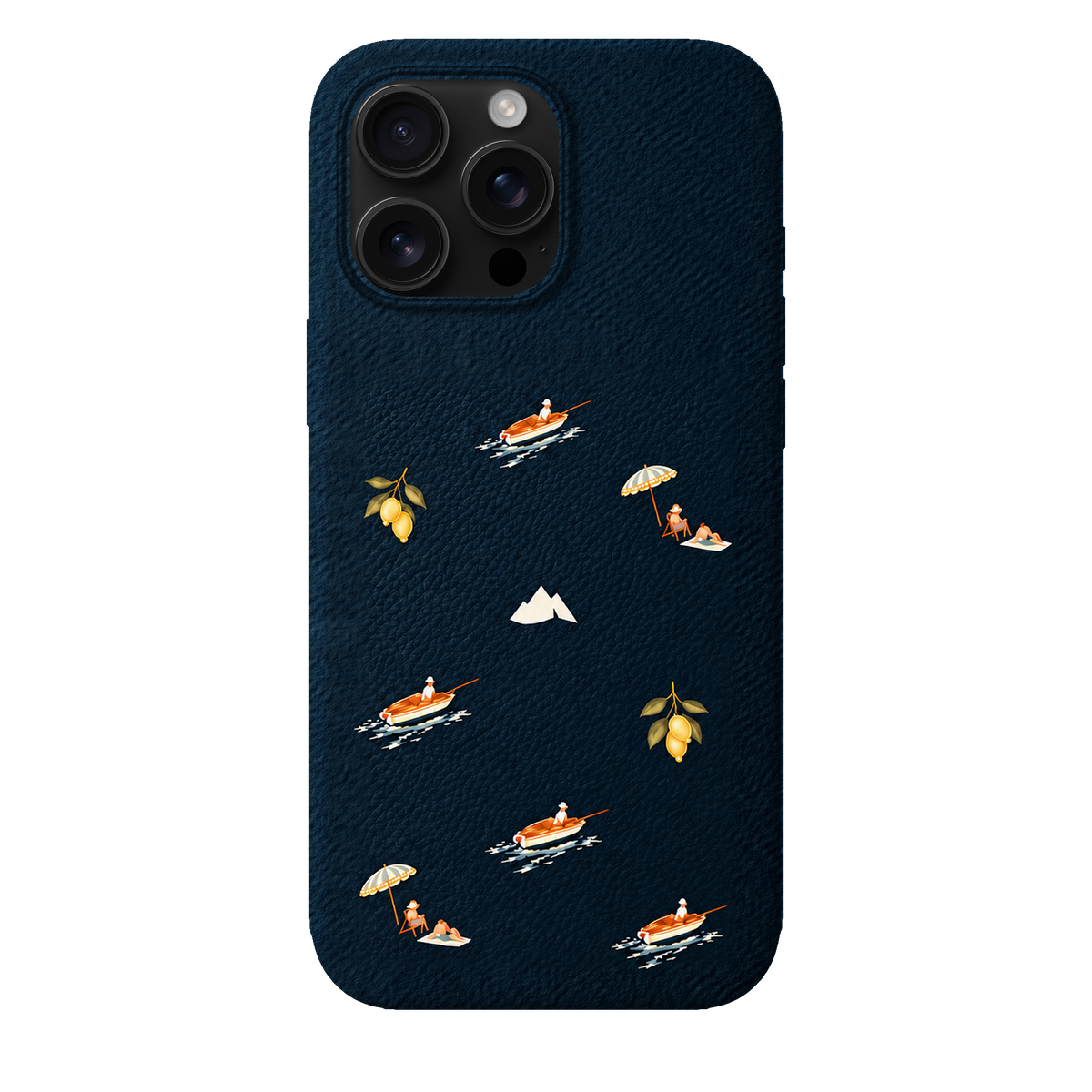 MONTIÉS Atelier Case — Riviera Deep Blue — iPhone 16 Pro Max, Apple Black Titanium. Conceptvisualisatie; fysieke MONTIÉS-hoesgeometrie nog niet bevestigd.