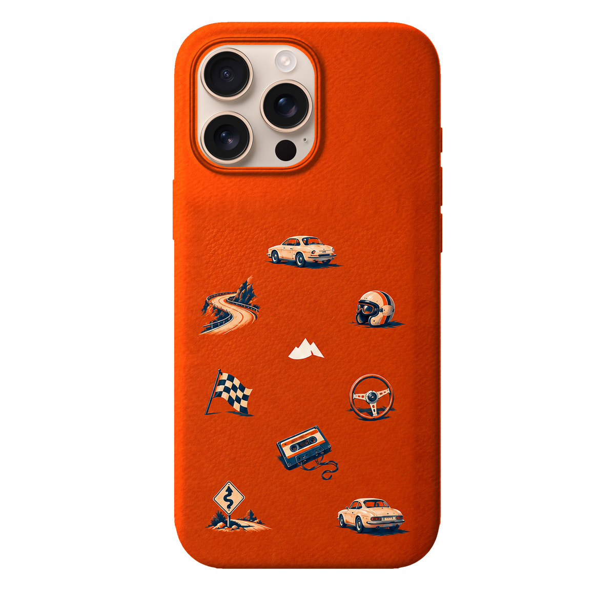 MONTIÉS Atelier Case — Sunday Drive Cosmic Orange — iPhone 16 Pro Max, Apple Desert Titanium. Conceptvisualisatie; fysieke MONTIÉS-hoesgeometrie nog niet bevestigd.