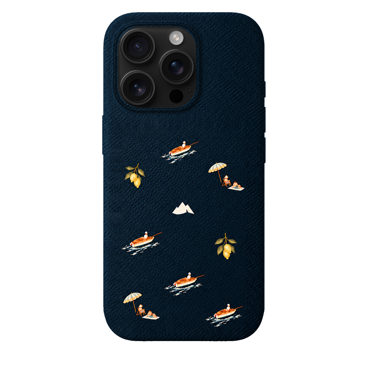 MONTIÉS Atelier Case — Riviera Deep Blue — iPhone 16 Pro, Apple Black Titanium. Conceptvisualisatie; fysieke MONTIÉS-hoesgeometrie nog niet bevestigd.