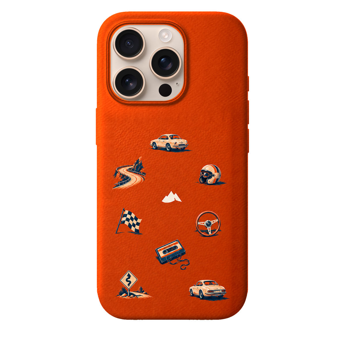MONTIÉS Atelier Case — Sunday Drive Cosmic Orange — iPhone 16 Pro, Apple Desert Titanium. Conceptvisualisatie; fysieke MONTIÉS-hoesgeometrie nog niet bevestigd.