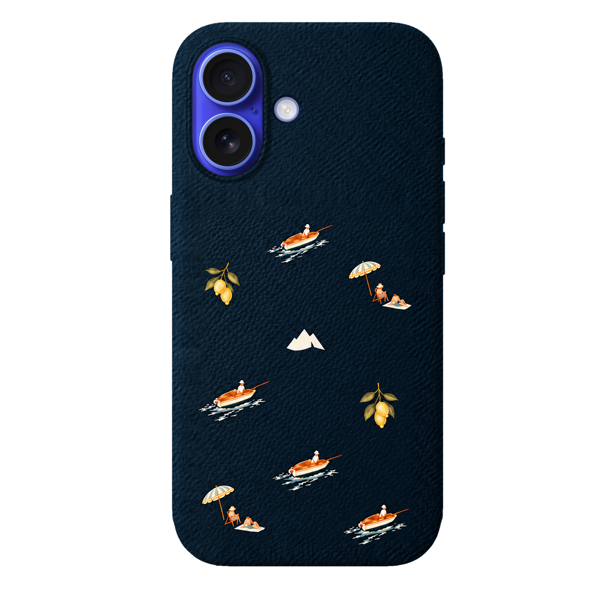MONTIÉS Atelier Case — Riviera Deep Blue — iPhone 16, Apple Ultramarine. Conceptvisualisatie; fysieke MONTIÉS-hoesgeometrie nog niet bevestigd.