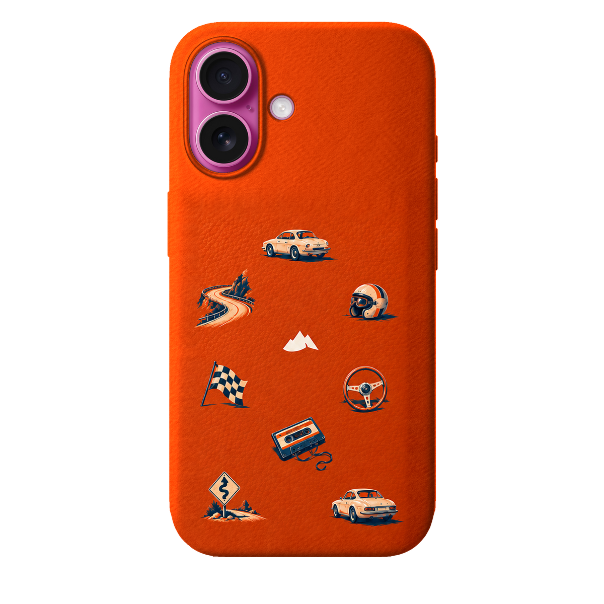 MONTIÉS Atelier Case — Sunday Drive Cosmic Orange — iPhone 16, Apple Pink. Conceptvisualisatie; fysieke MONTIÉS-hoesgeometrie nog niet bevestigd.
