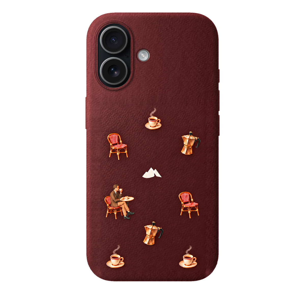 MONTIÉS Atelier Case — Grand Café Burgundy — iPhone 17, Apple Black. Conceptvisualisatie; fysieke MONTIÉS-hoesgeometrie nog niet bevestigd.