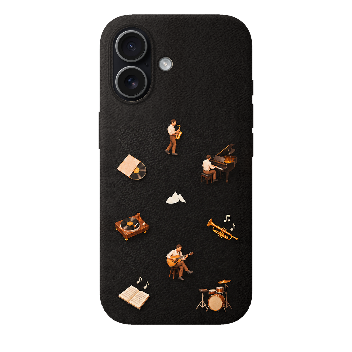 MONTIÉS Atelier Case — Listening Room Charcoal — iPhone 17, Apple Black. Conceptvisualisatie; fysieke MONTIÉS-hoesgeometrie nog niet bevestigd.