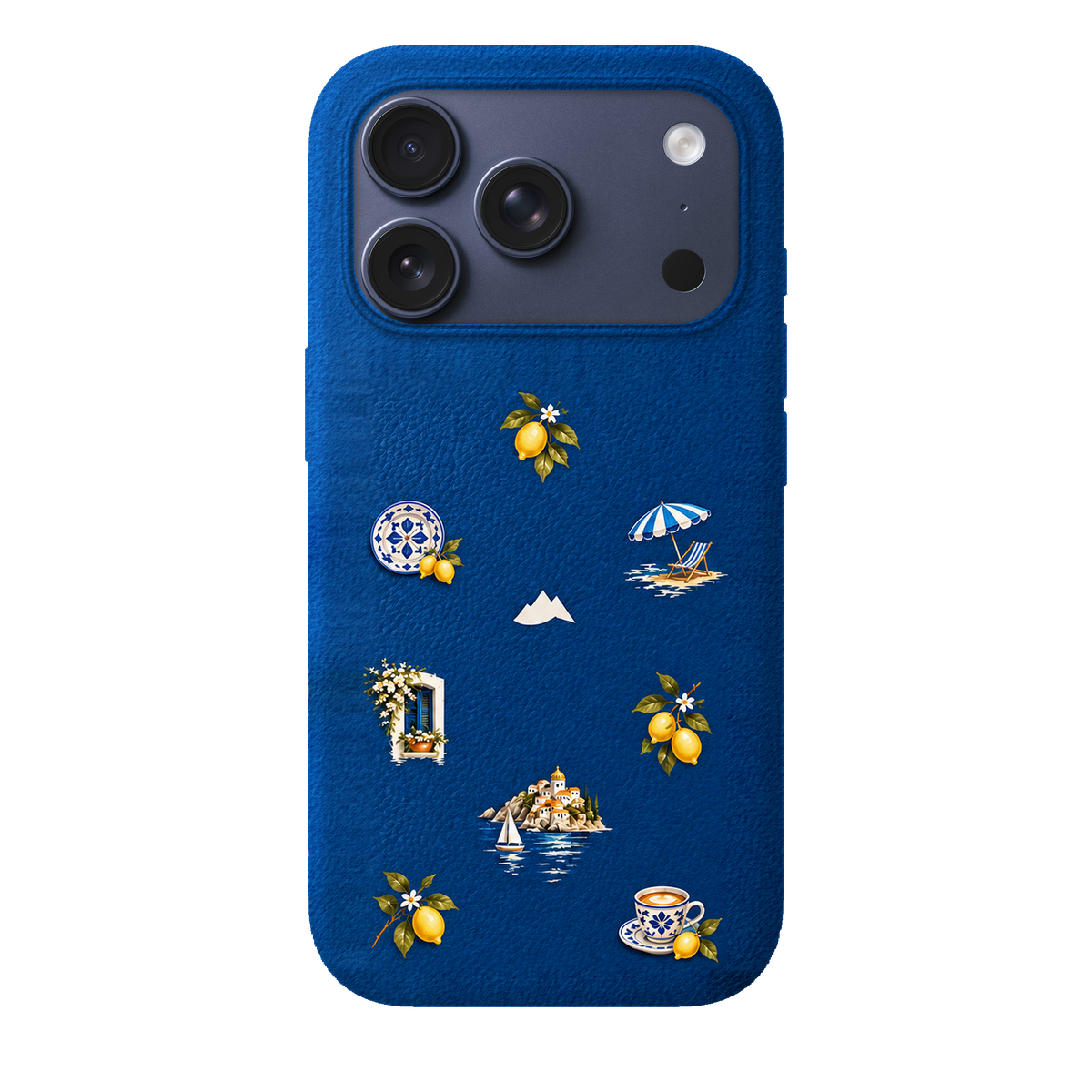 MONTIÉS Atelier Case — Amalfi Blue — iPhone 17 Pro, Apple Deep Blue. Conceptvisualisatie; fysieke MONTIÉS-hoesgeometrie nog niet bevestigd.