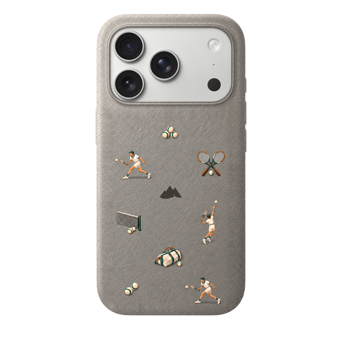 MONTIÉS Atelier Case — Court Club Silver — iPhone 17 Pro, Apple Silver. Conceptvisualisatie; fysieke MONTIÉS-hoesgeometrie nog niet bevestigd.