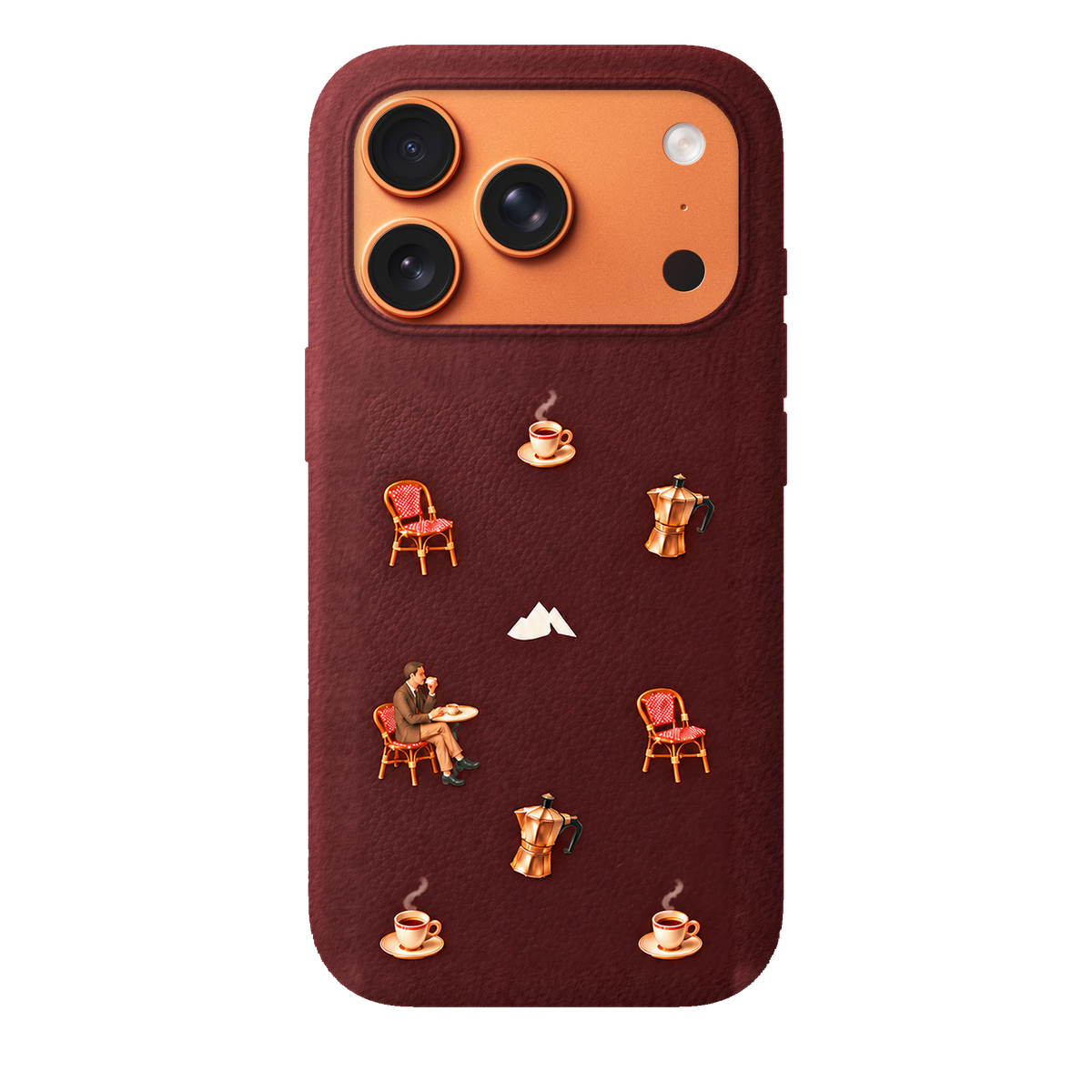 MONTIÉS Atelier Case — Grand Café Burgundy — iPhone 17 Pro, Apple Cosmic Orange. Conceptvisualisatie; fysieke MONTIÉS-hoesgeometrie nog niet bevestigd.