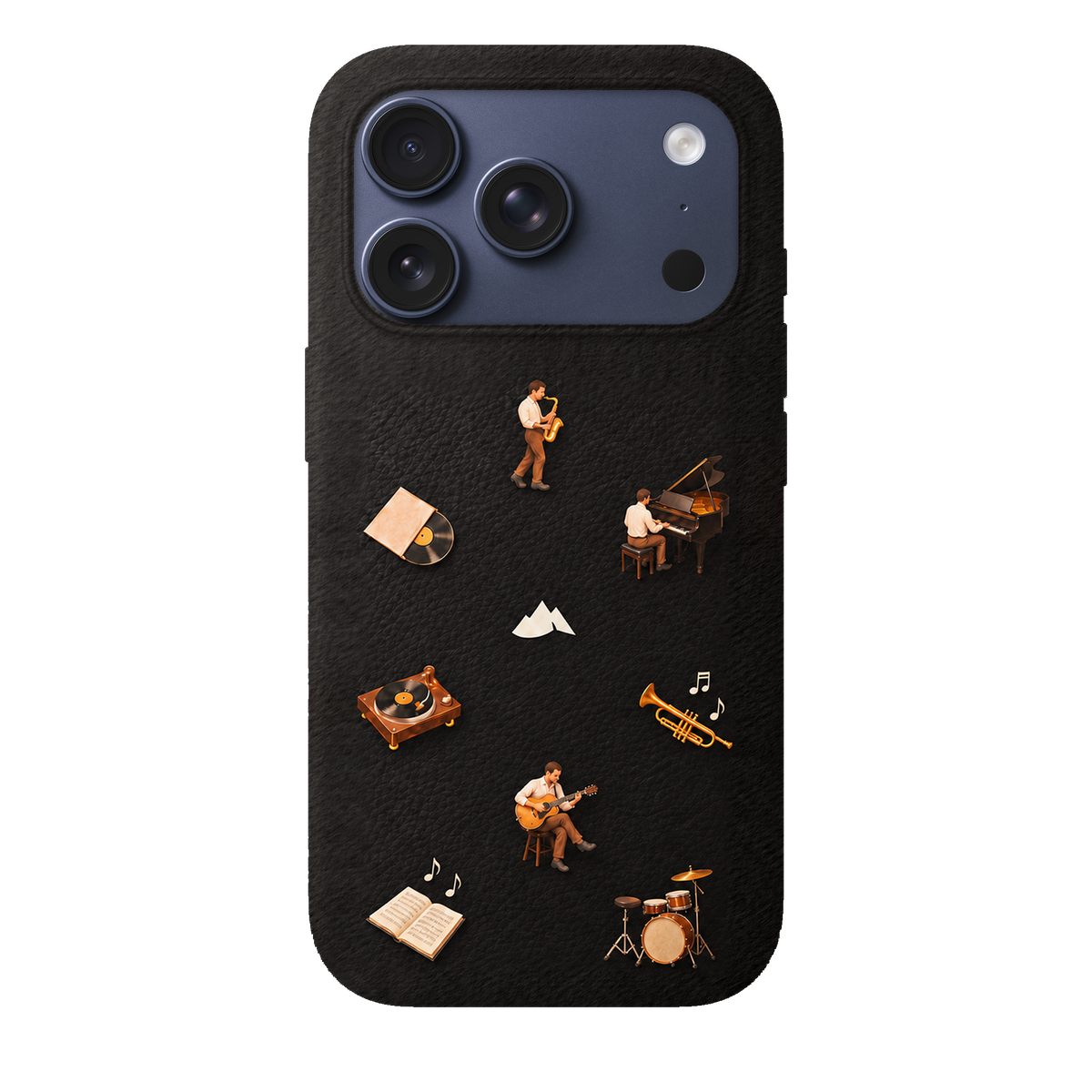 MONTIÉS Atelier Case — Listening Room Charcoal — iPhone 17 Pro, Apple Deep Blue. Conceptvisualisatie; fysieke MONTIÉS-hoesgeometrie nog niet bevestigd.