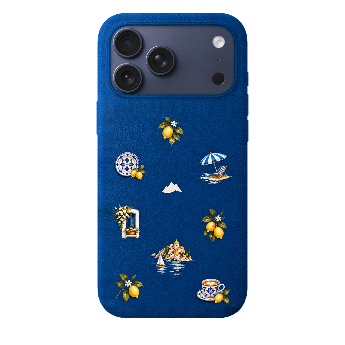 MONTIÉS Atelier Case — Amalfi Blue — iPhone 17 Pro Max, Apple Deep Blue. Conceptvisualisatie; fysieke MONTIÉS-hoesgeometrie nog niet bevestigd.