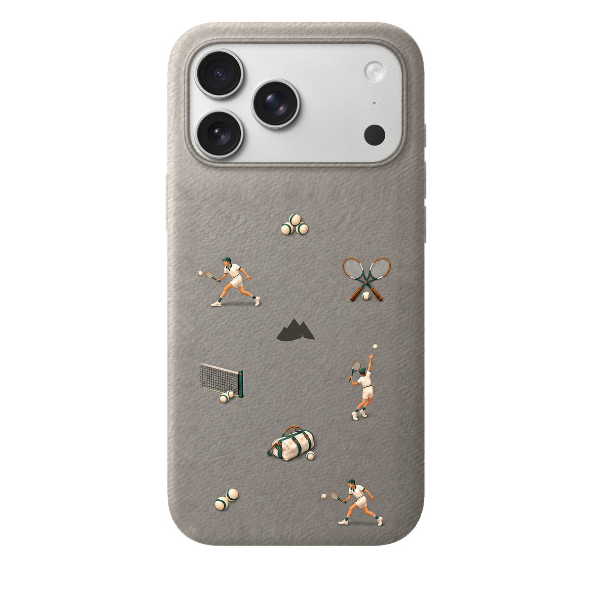 MONTIÉS Atelier Case — Court Club Silver — iPhone 17 Pro Max, Apple Silver. Conceptvisualisatie; fysieke MONTIÉS-hoesgeometrie nog niet bevestigd.