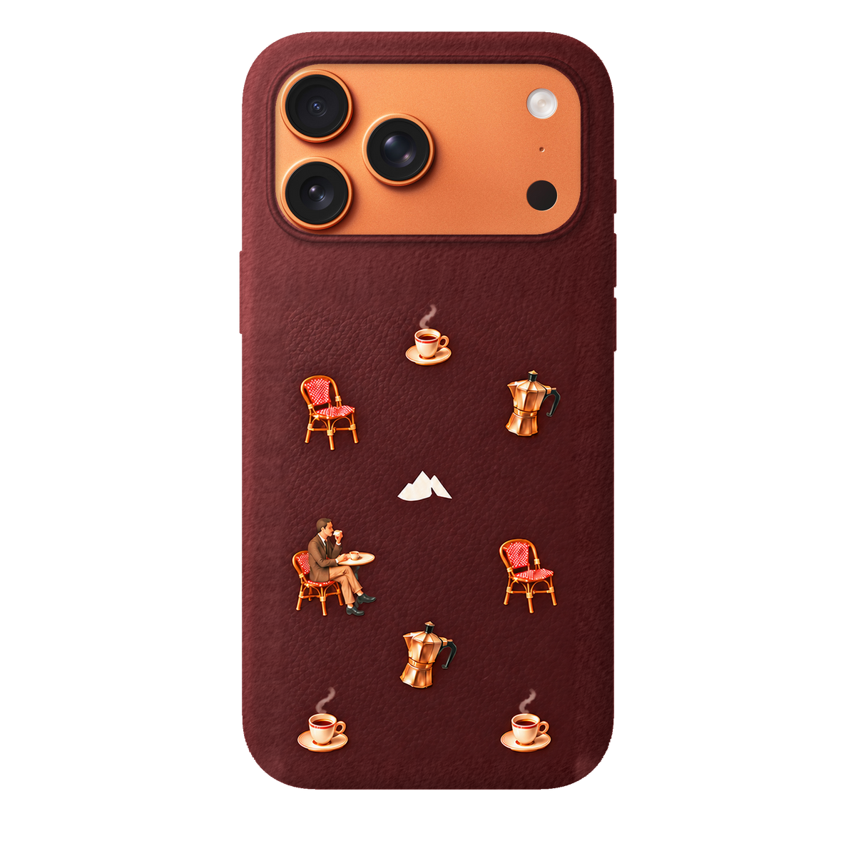 MONTIÉS Atelier Case — Grand Café Burgundy — iPhone 17 Pro Max, Apple Cosmic Orange. Conceptvisualisatie; fysieke MONTIÉS-hoesgeometrie nog niet bevestigd.