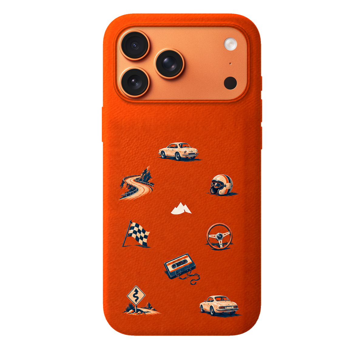 MONTIÉS Atelier Case — Sunday Drive Cosmic Orange — iPhone 17 Pro Max, Apple Cosmic Orange. Conceptvisualisatie; fysieke MONTIÉS-hoesgeometrie nog niet bevestigd.