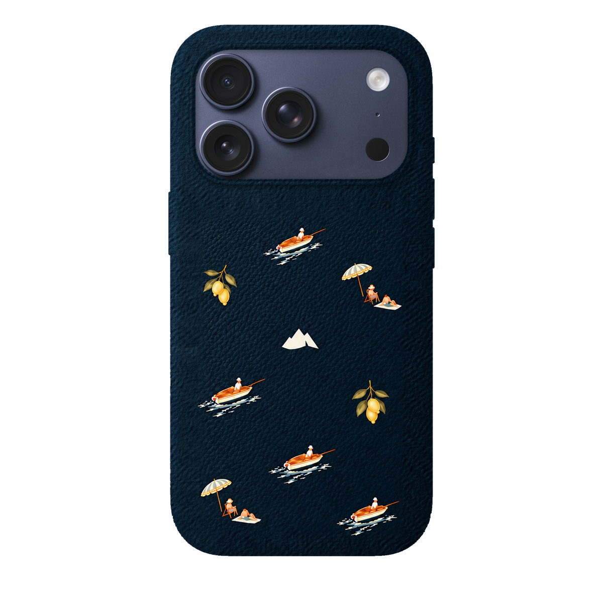 MONTIÉS Atelier Case — Riviera Deep Blue — iPhone 17 Pro, Apple Deep Blue. Conceptvisualisatie; fysieke MONTIÉS-hoesgeometrie nog niet bevestigd.