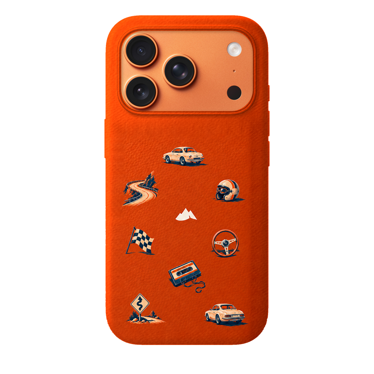 MONTIÉS Atelier Case — Sunday Drive Cosmic Orange — iPhone 17 Pro, Apple Cosmic Orange. Conceptvisualisatie; fysieke MONTIÉS-hoesgeometrie nog niet bevestigd.