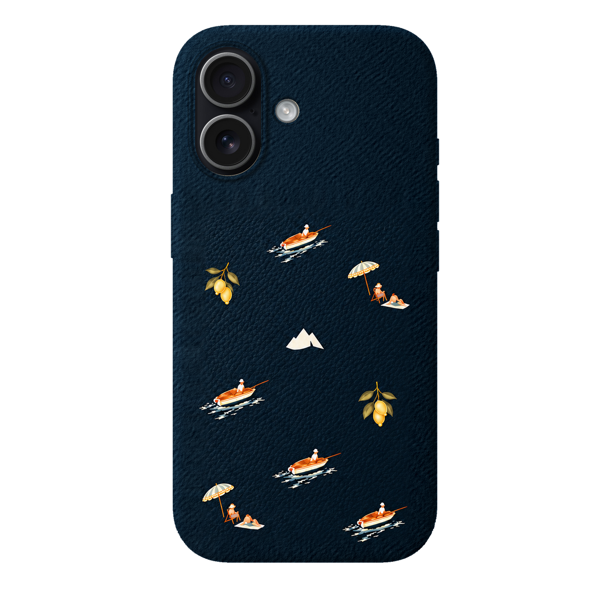 MONTIÉS Atelier Case — Riviera Deep Blue — iPhone 17, Apple Black. Conceptvisualisatie; fysieke MONTIÉS-hoesgeometrie nog niet bevestigd.