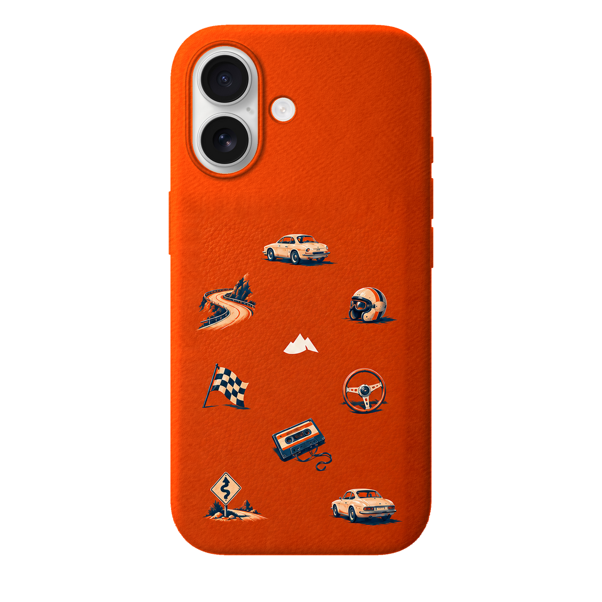 MONTIÉS Atelier Case — Sunday Drive Cosmic Orange — iPhone 17, Apple White. Conceptvisualisatie; fysieke MONTIÉS-hoesgeometrie nog niet bevestigd.