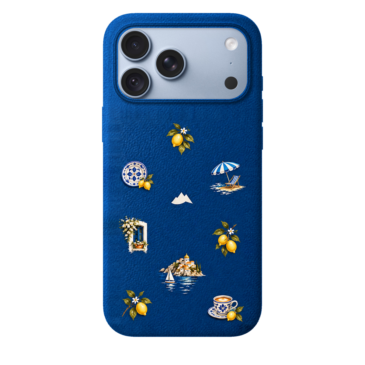 MONTIÉS Atelier Case — Amalfi Blue — iPhone 18 Pro Max, Apple Glacier. Conceptvisualisatie; fysieke MONTIÉS-hoesgeometrie nog niet bevestigd.