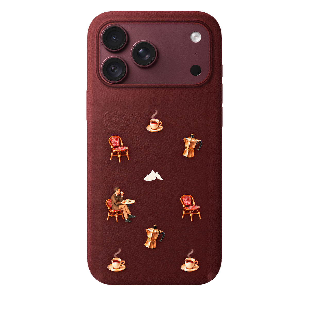 MONTIÉS Atelier Case — Grand Café Burgundy — iPhone 18 Pro Max, Apple Burgundy. Conceptvisualisatie; fysieke MONTIÉS-hoesgeometrie nog niet bevestigd.