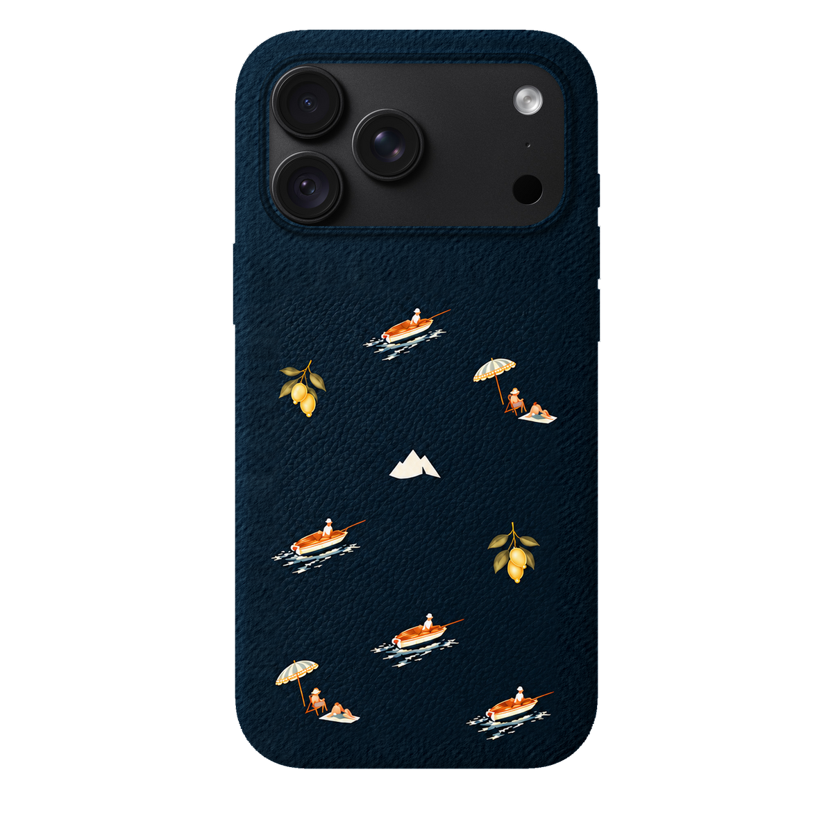 MONTIÉS Atelier Case — Riviera Deep Blue — iPhone 18 Pro Max, Apple Black. Conceptvisualisatie; fysieke MONTIÉS-hoesgeometrie nog niet bevestigd.