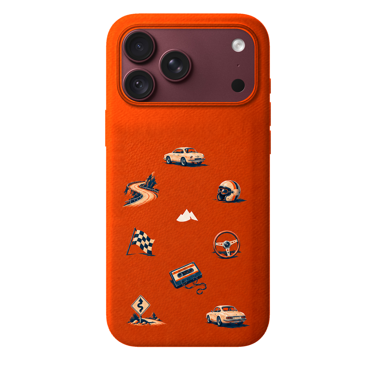 MONTIÉS Atelier Case — Sunday Drive Cosmic Orange — iPhone 18 Pro Max, Apple Burgundy. Conceptvisualisatie; fysieke MONTIÉS-hoesgeometrie nog niet bevestigd.